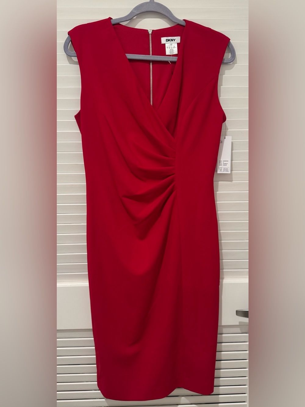 DKNY Red Sleeveless Ruched Sheath Dress
